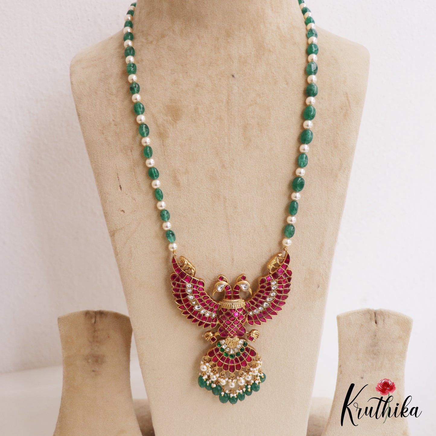 Premium Reversible Gandaberunda Jadau Pendant Haaram With Green Beads Drops LH2058