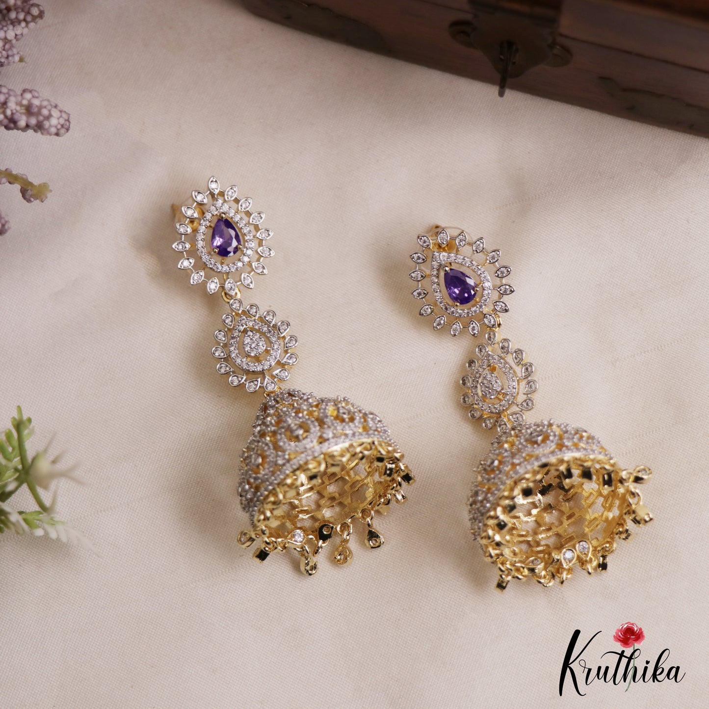 Gorgeous Teardrop Motifs CZ Victorian Jhumkas E1122 (Available In 3 Colors)