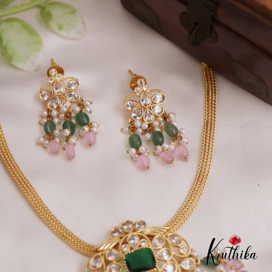 Pretty AD Teardrop Pendant Chain Set With Green Bead Drops NC2671