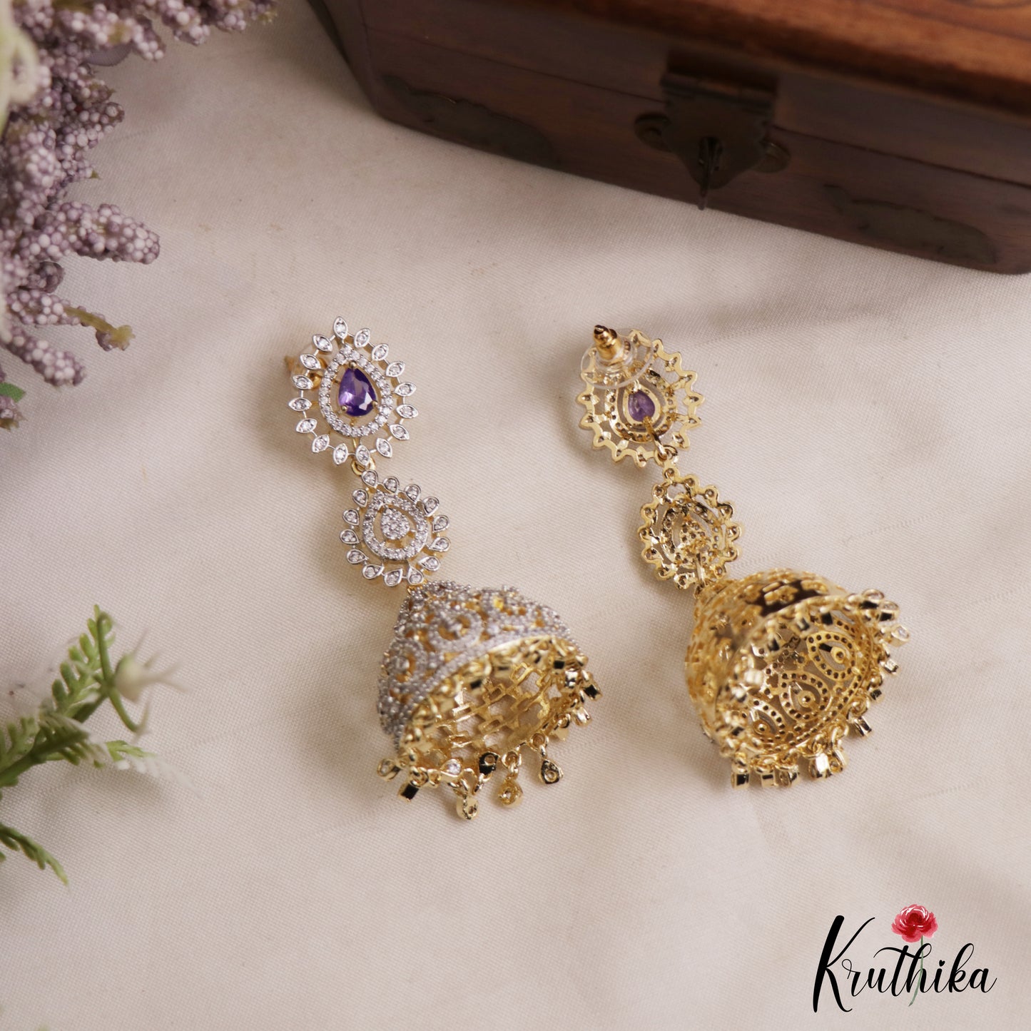 Gorgeous Teardrop Motifs CZ Victorian Jhumkas E1122 (Available In 3 Colors)