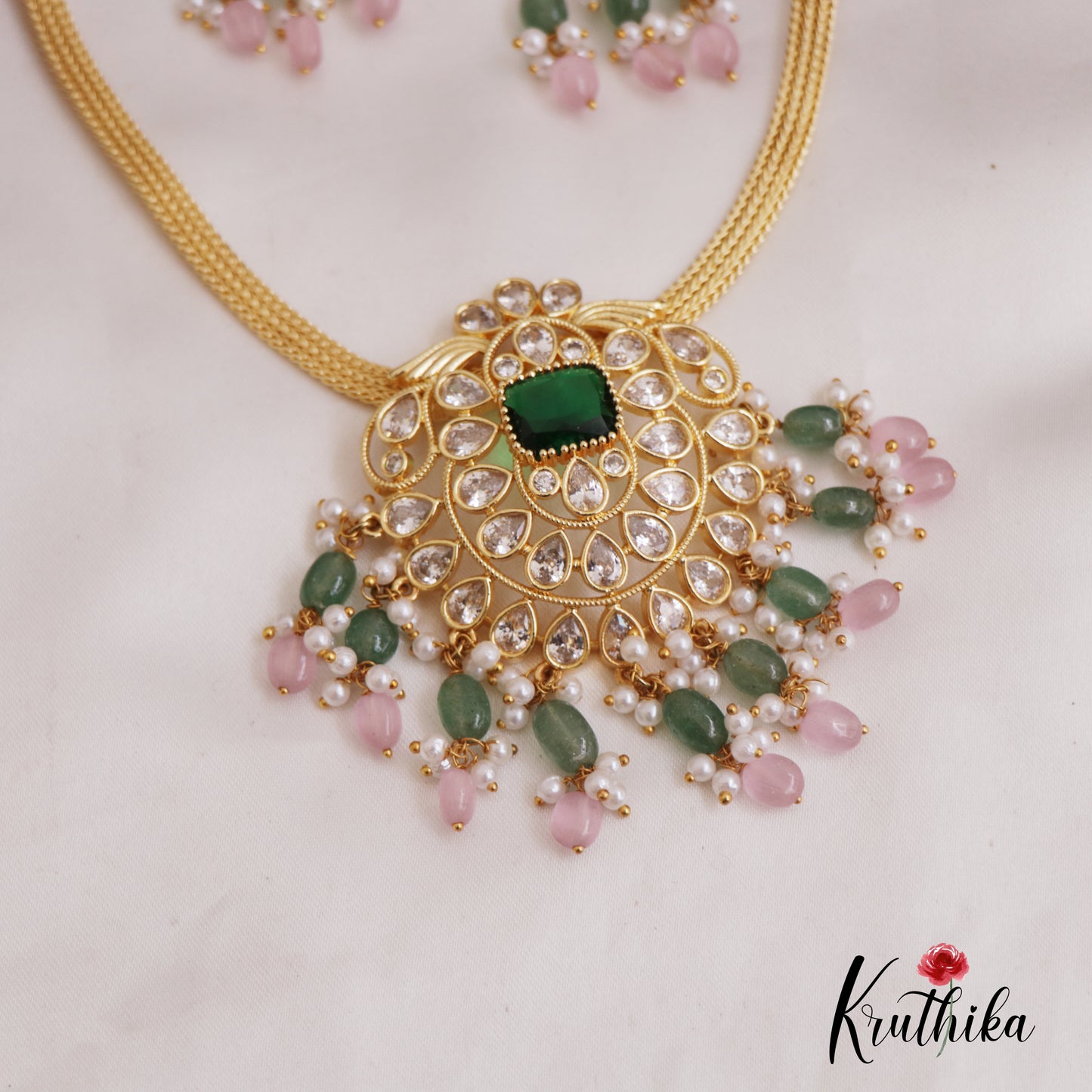 Pretty AD Teardrop Pendant Chain Set With Green Bead Drops NC2671