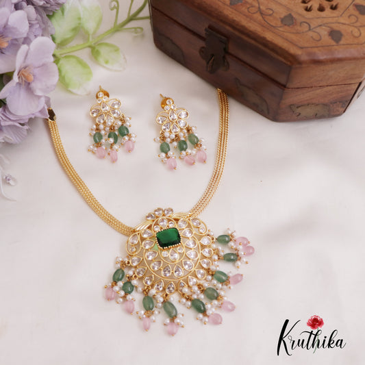 Pretty AD Teardrop Pendant Chain Set With Green Bead Drops NC2671