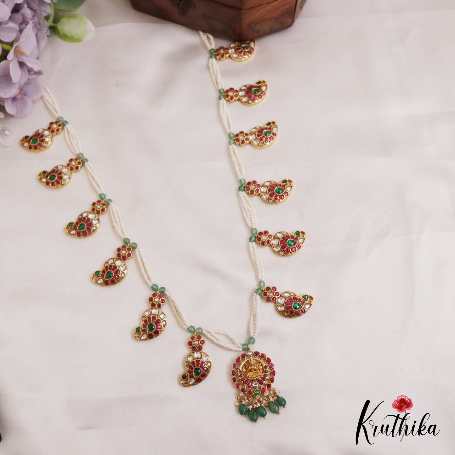 Premium Antique Lakshmi Mango Motifs Multi Strand Pearl Chain Jadau Haaram LH2061