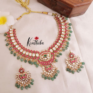 Royal Jadau Moissanite Stones Semi Bridal Set BS033- Long Haaram,Necklace,Earrings & Maang Tikka