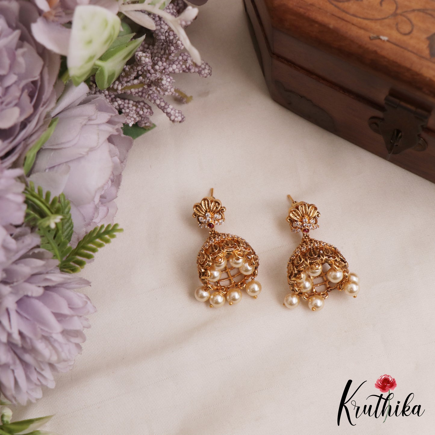 Elegant Floral Leaf Motifs Jhumkas With Pearl Drops E1160