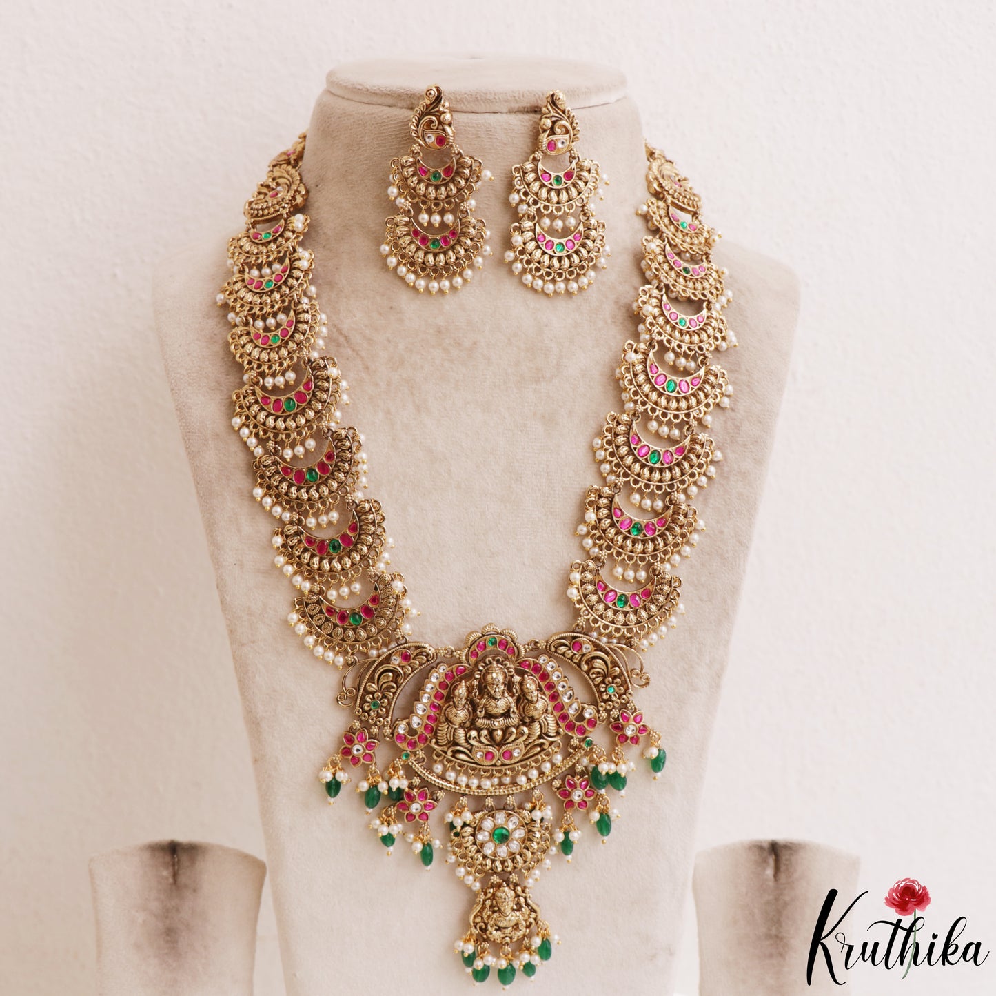 Stunning Antique Nagas Lakshmi Peacock Motifs Haaram With Green Bead Drops LH2211