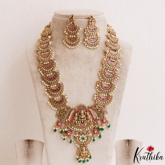 Stunning Antique Nagas Lakshmi Peacock Motifs Haaram With Green Bead Drops LH2211