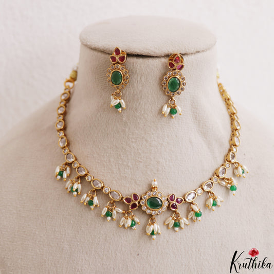 Elegant Floral Motifs Kemp Necklace With Rice Pearl Drops NC3189 (Available In 2 Colors)