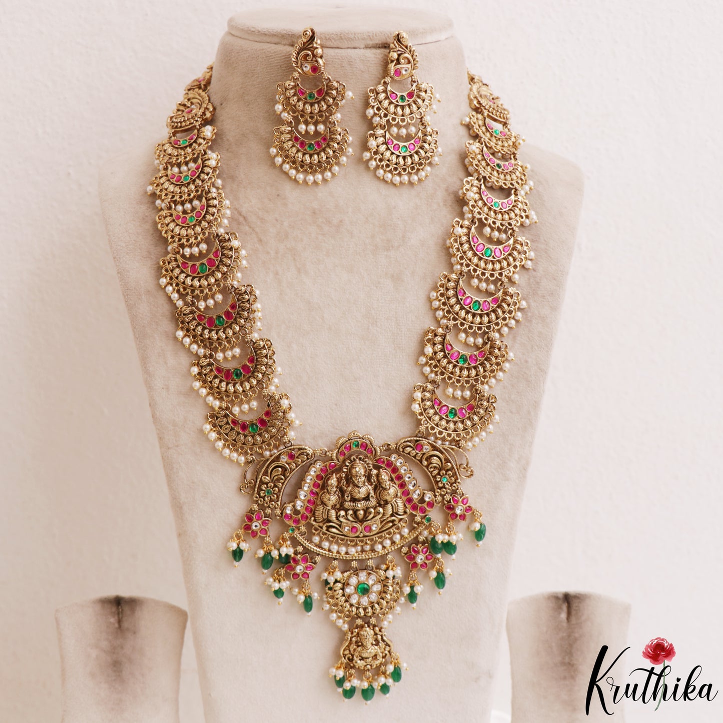 Stunning Antique Nagas Lakshmi Peacock Motifs Haaram With Green Bead Drops LH2211