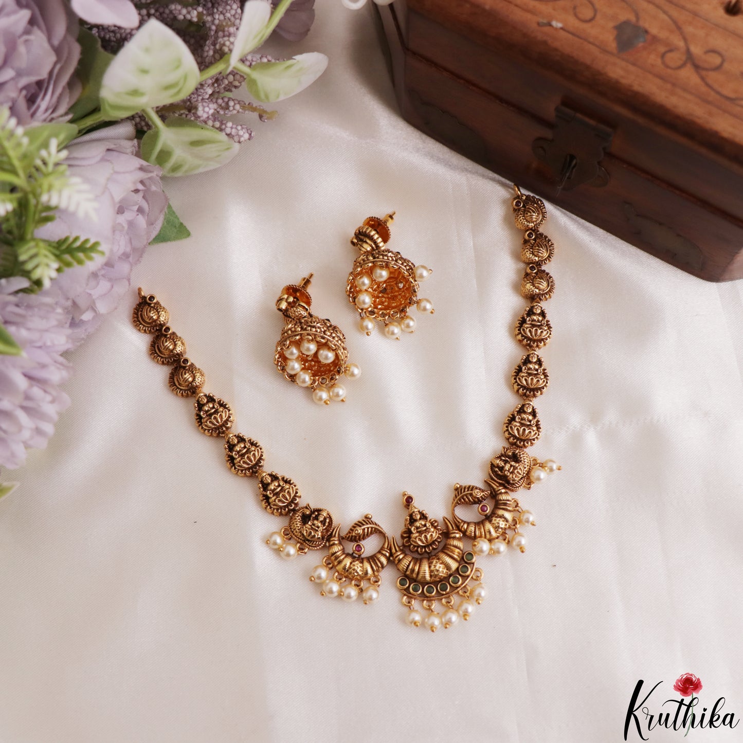 Classic Antique Lakshmi Motifs Choker With Pearl Drops NC3196