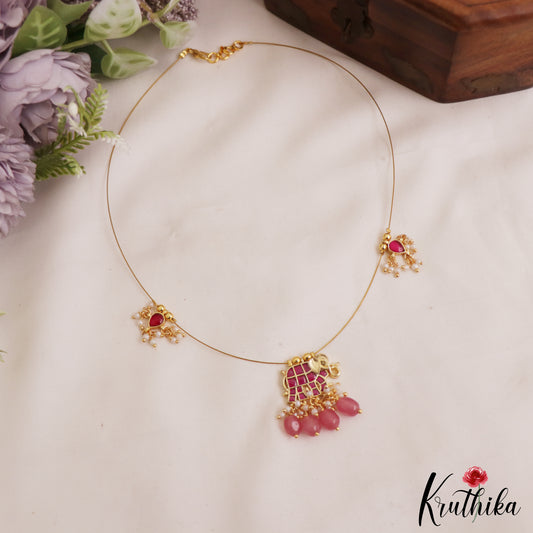 Elegant Elephant Motifs Jadau Invisible Chain With Pink Bead Drops NC2995