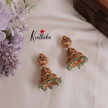 Premium Temple Lakshmi Jhumkas with Pastel Green Beads Drops E520