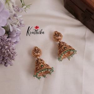 Premium Temple Lakshmi Jhumkas with Pastel Green Beads Drops E520