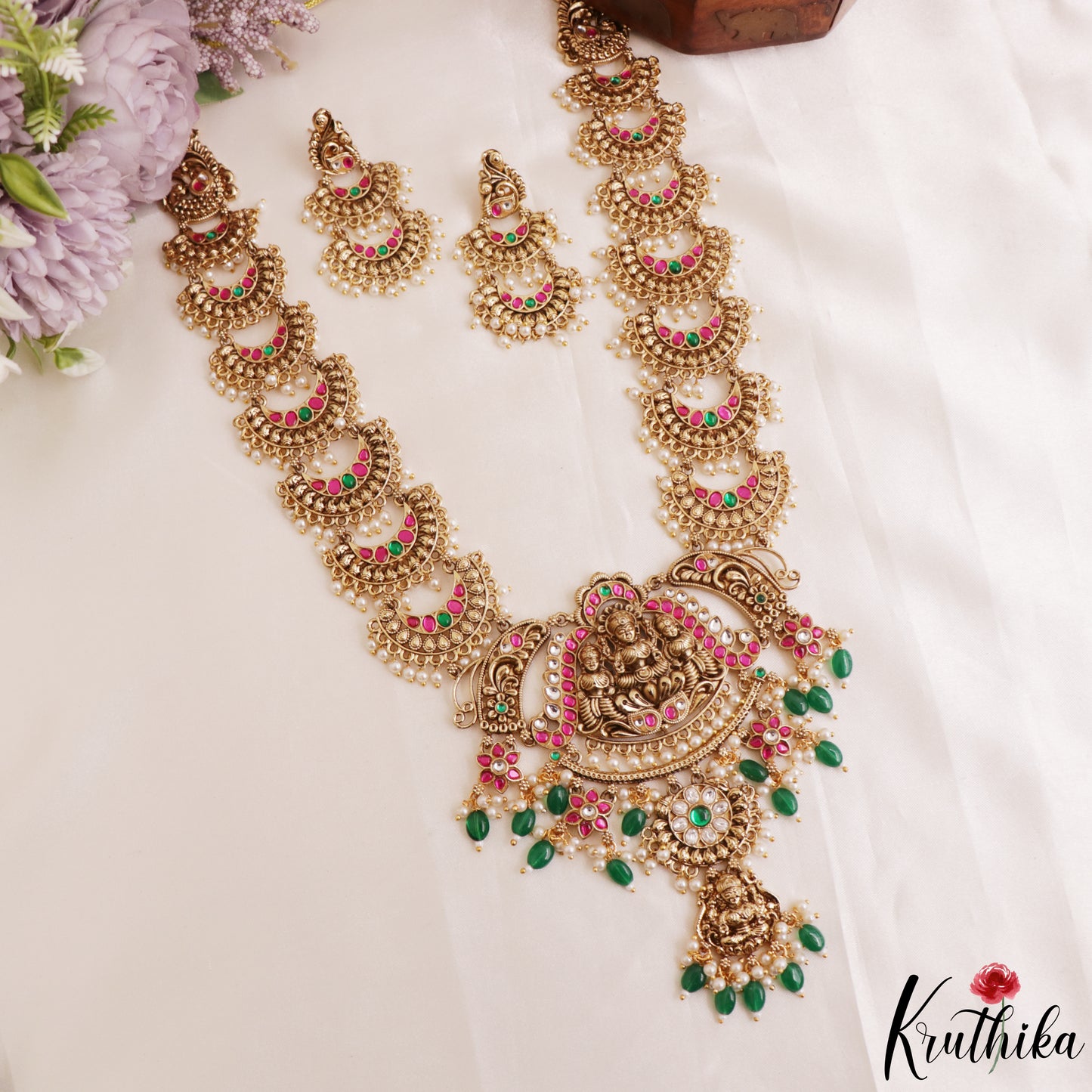 Stunning Antique Nagas Lakshmi Peacock Motifs Haaram With Green Bead Drops LH2211