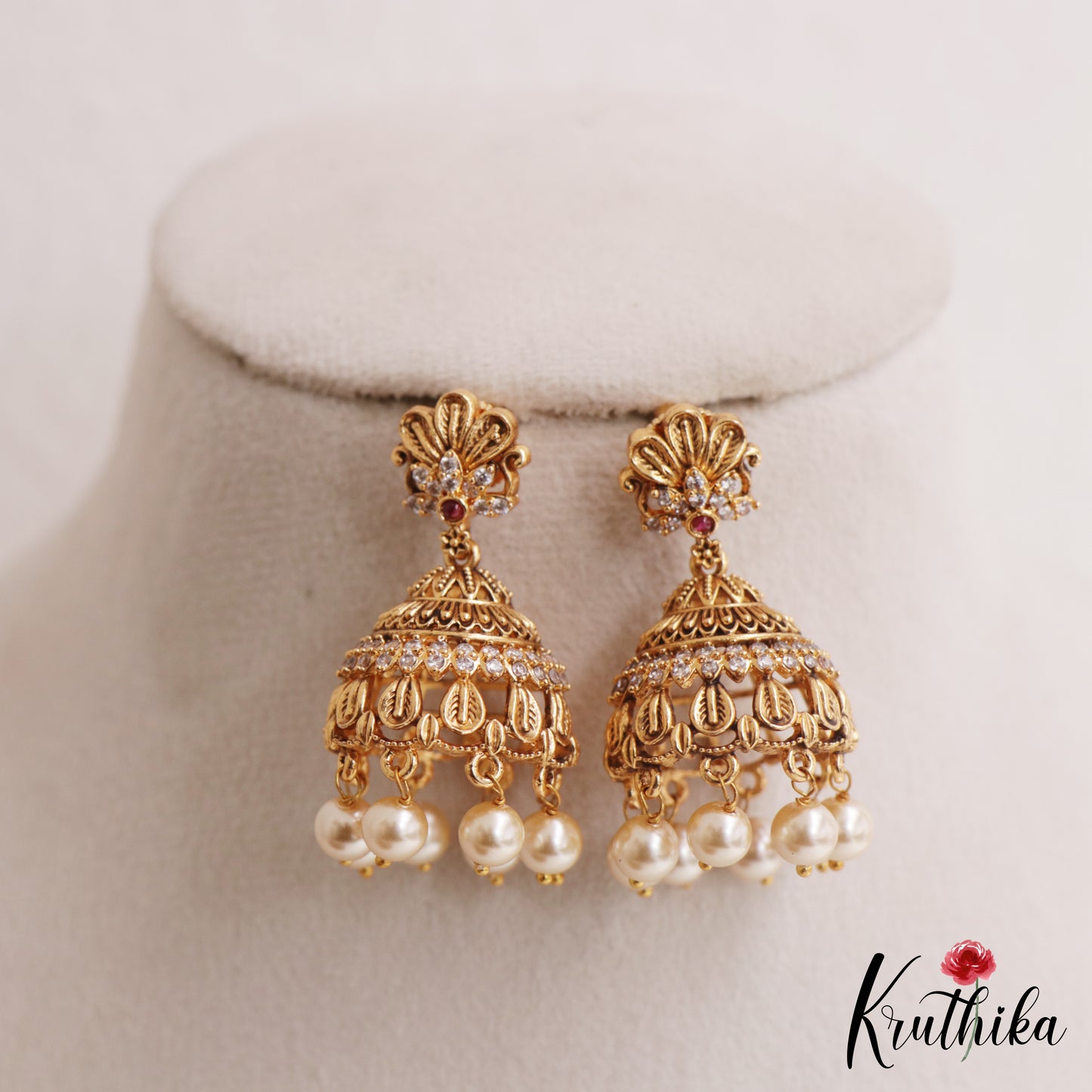 Elegant Floral Leaf Motifs Jhumkas With Pearl Drops E1160