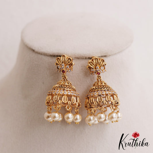 Elegant Floral Leaf Motifs Jhumkas With Pearl Drops E1160