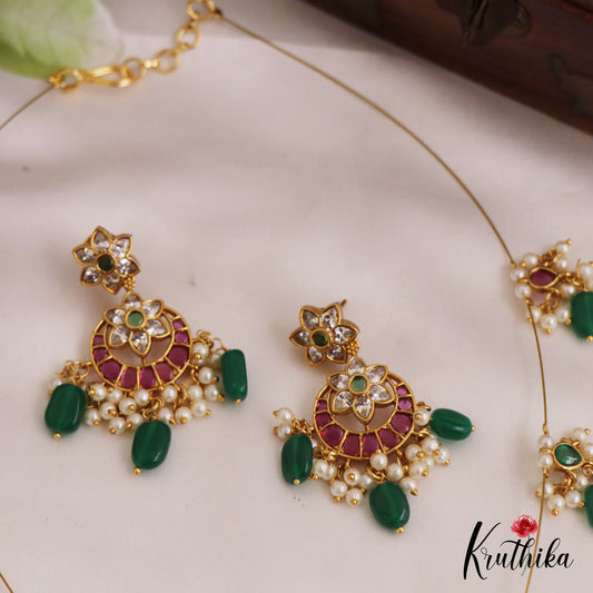Beautiful Floral Motifs Chandbali Jadau Invisible Chain With Green Bead Drops NC2788
