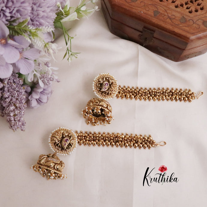 Premium Peacock Jhumkas with cluster Golden Maatilu (earchains) E521
