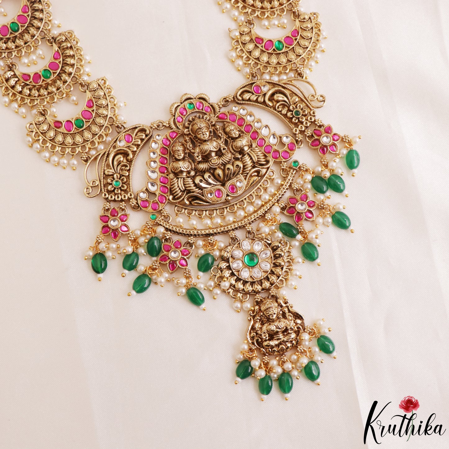 Stunning Antique Nagas Lakshmi Peacock Motifs Haaram With Green Bead Drops LH2211