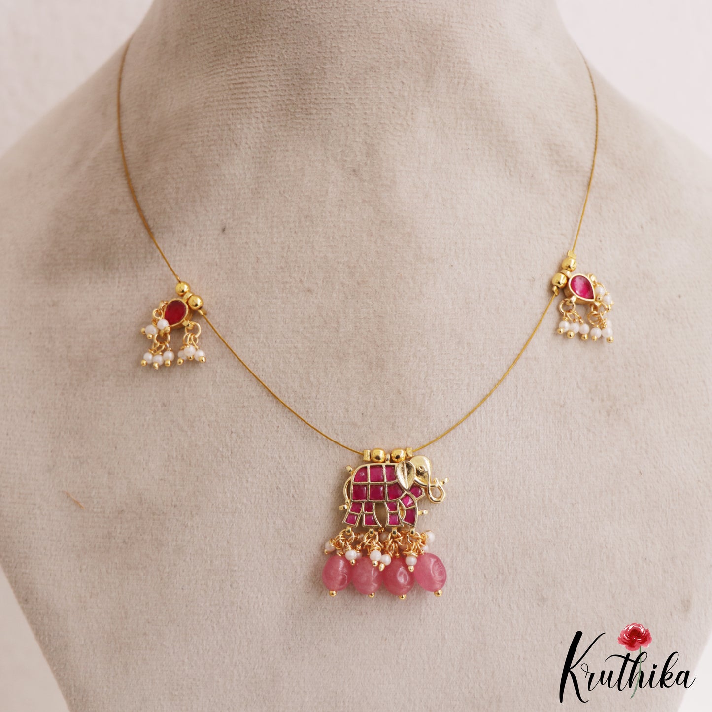 Elegant Elephant Motifs Jadau Invisible Chain With Pink Bead Drops NC2995