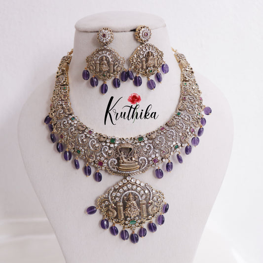 Grand Bridal AD Temple Lakshmi Pendant Necklace with Beads Drops NC2339 (Available in 4 colours)