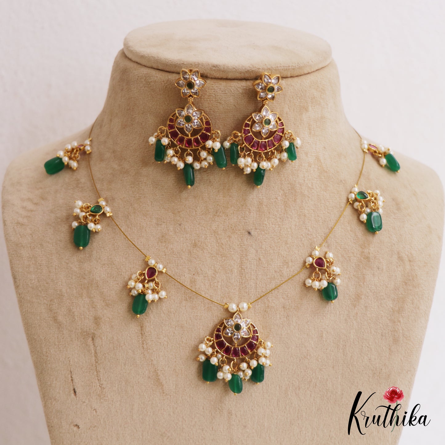 Beautiful Floral Motifs Chandbali Jadau Invisible Chain With Green Bead Drops NC2788