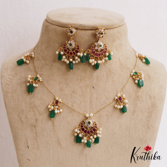 Beautiful Floral Motifs Chandbali Jadau Invisible Chain With Green Bead Drops NC2788