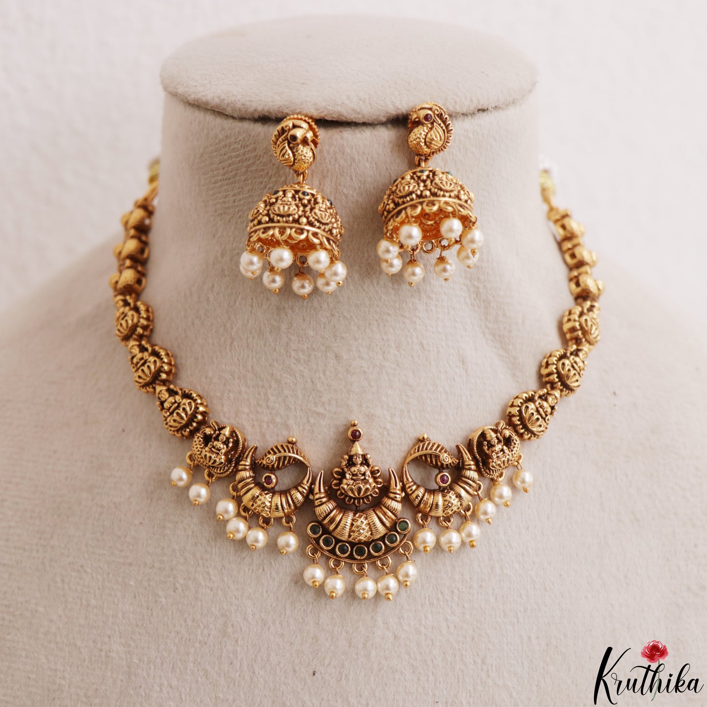 Classic Antique Lakshmi Motifs Choker With Pearl Drops NC3196