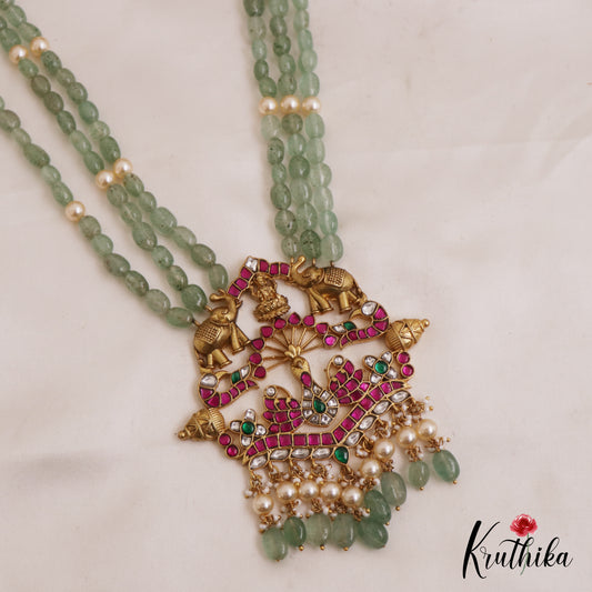Stunning Antique Lakshmi Motifs Multi Strand Green Bead Jadau Haaram LH2062