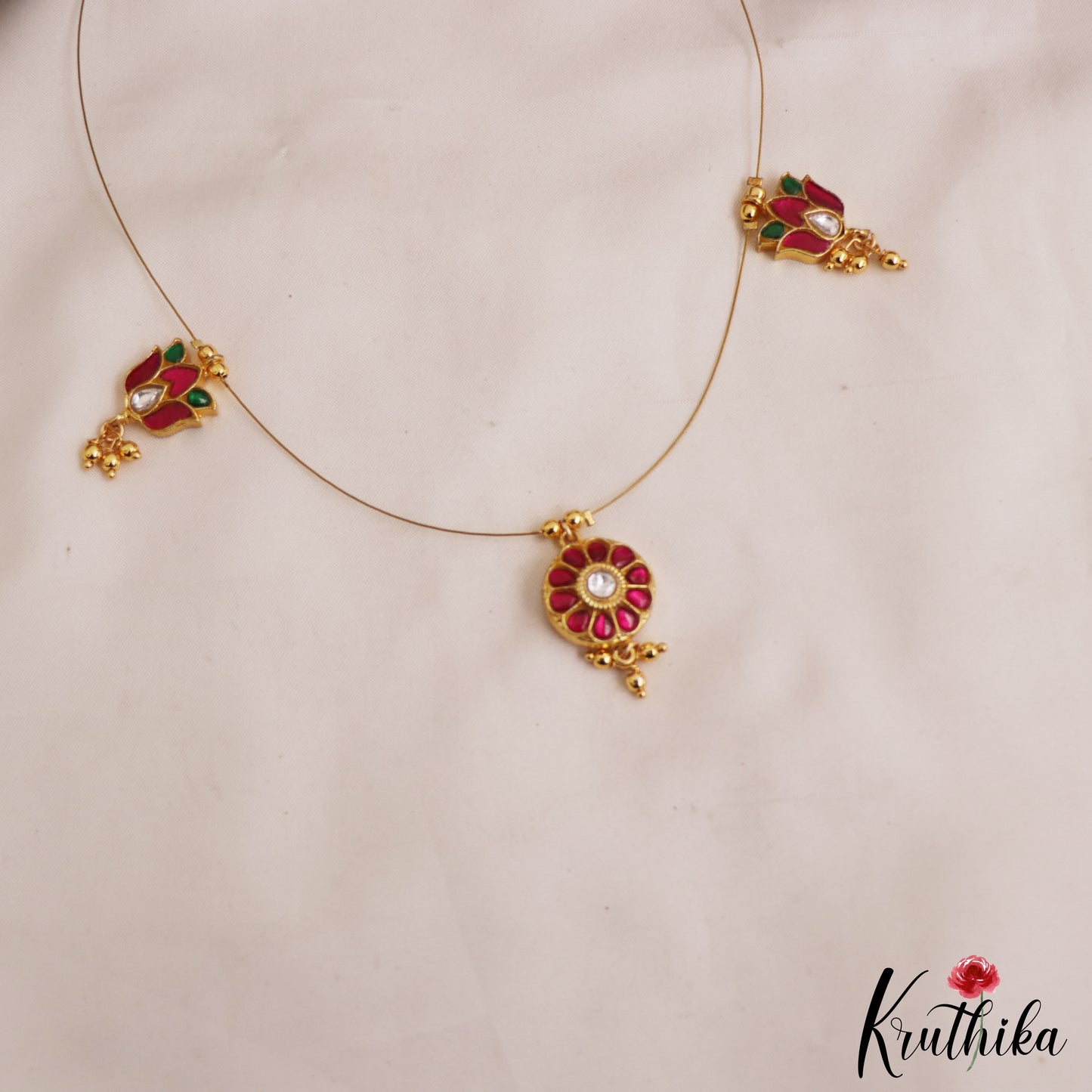 Trendy Floral Motifs Jadau Invisible Chain With Pink Bead Drops NC2996