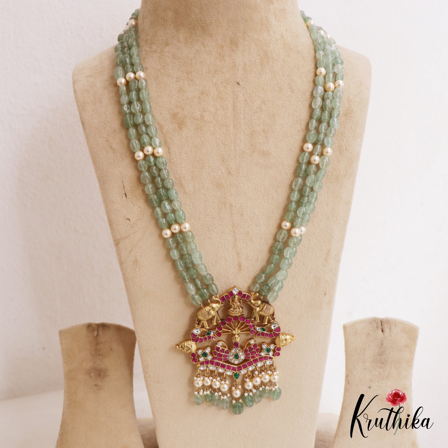 Stunning Antique Lakshmi Motifs Multi Strand Green Bead Jadau Haaram LH2062