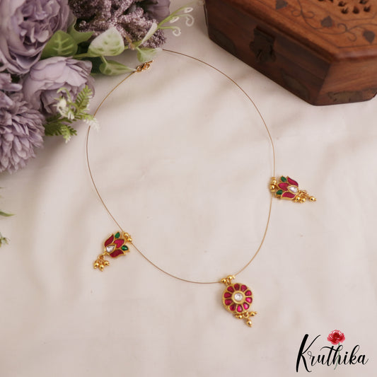 Trendy Floral Motifs Jadau Invisible Chain With Pink Bead Drops NC2996