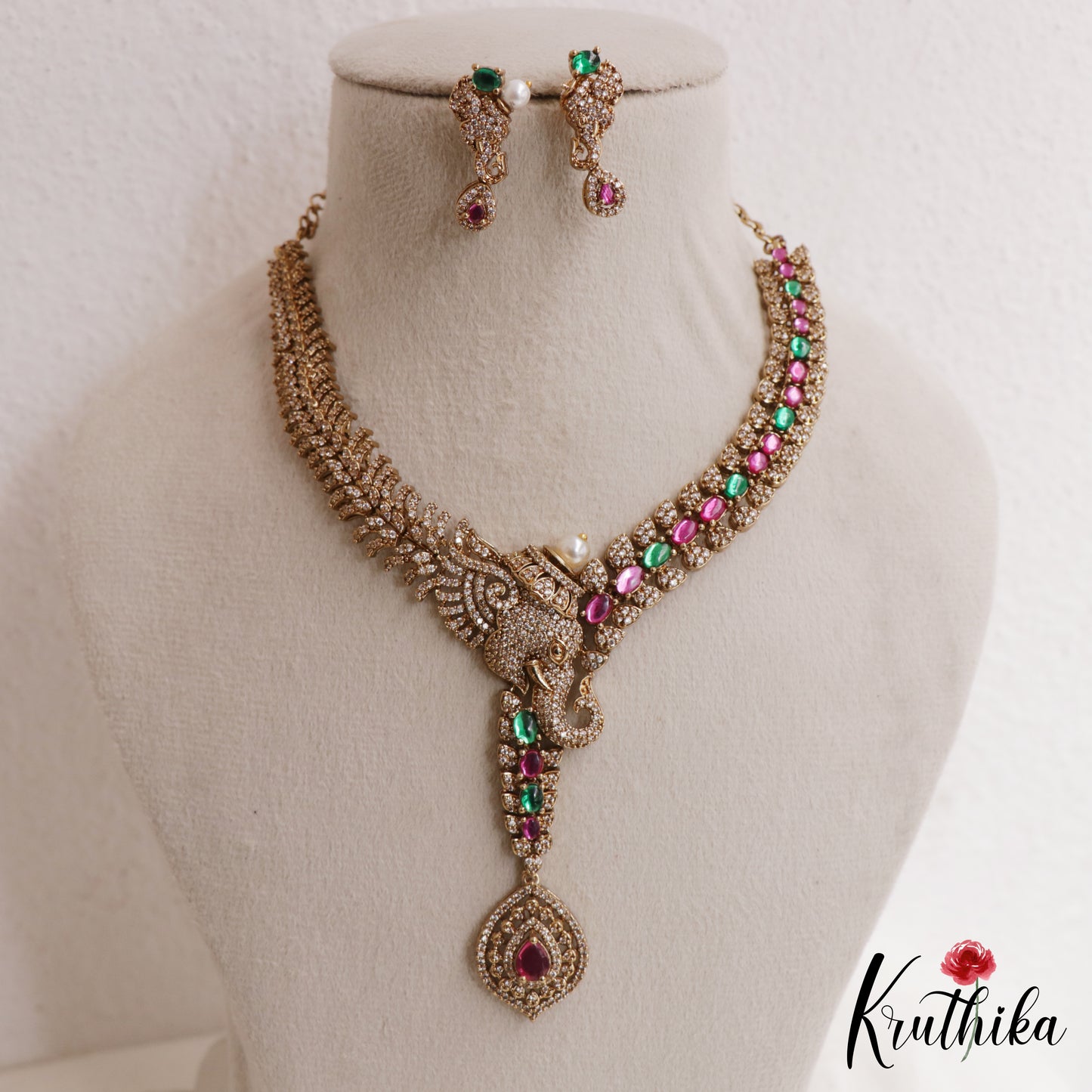 Sparkling Elephant Motifs CZ Victorian Necklace NC3052 (Available In 2 Colors)