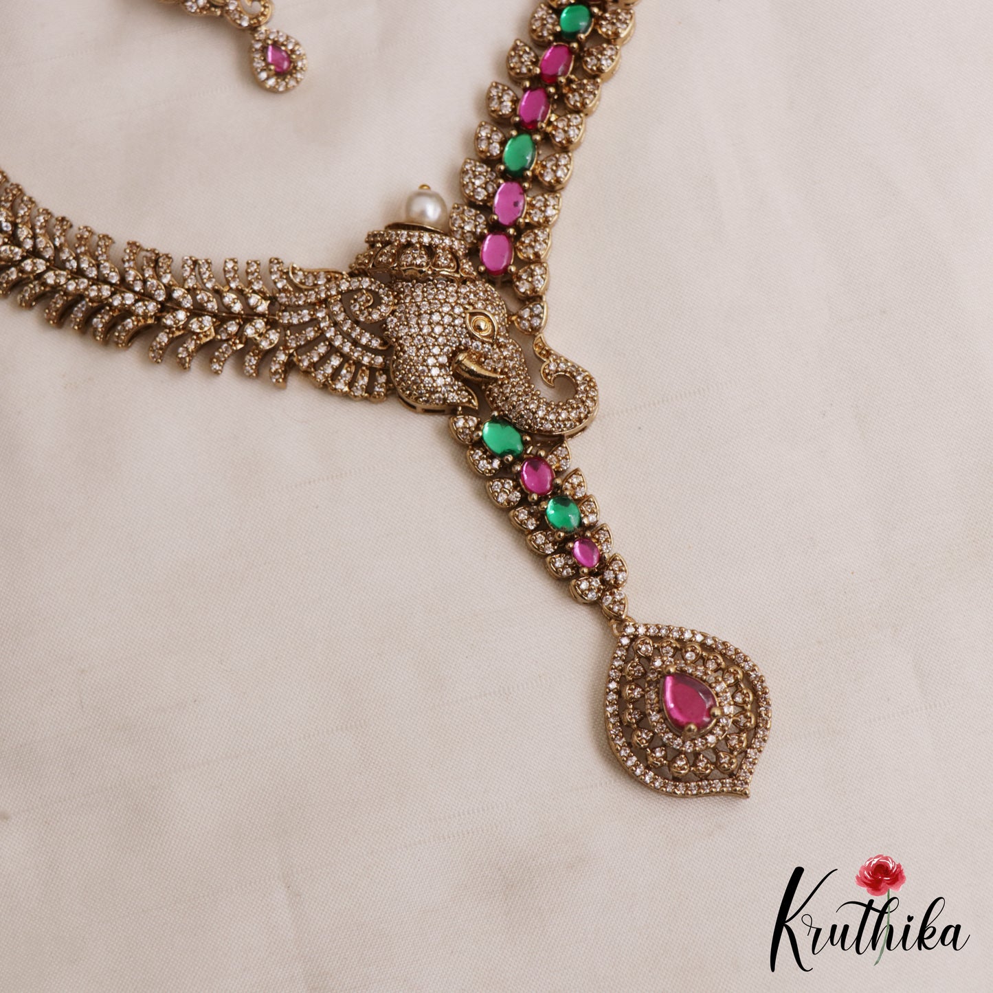 Sparkling Elephant Motifs CZ Victorian Necklace NC3052 (Available In 2 Colors)