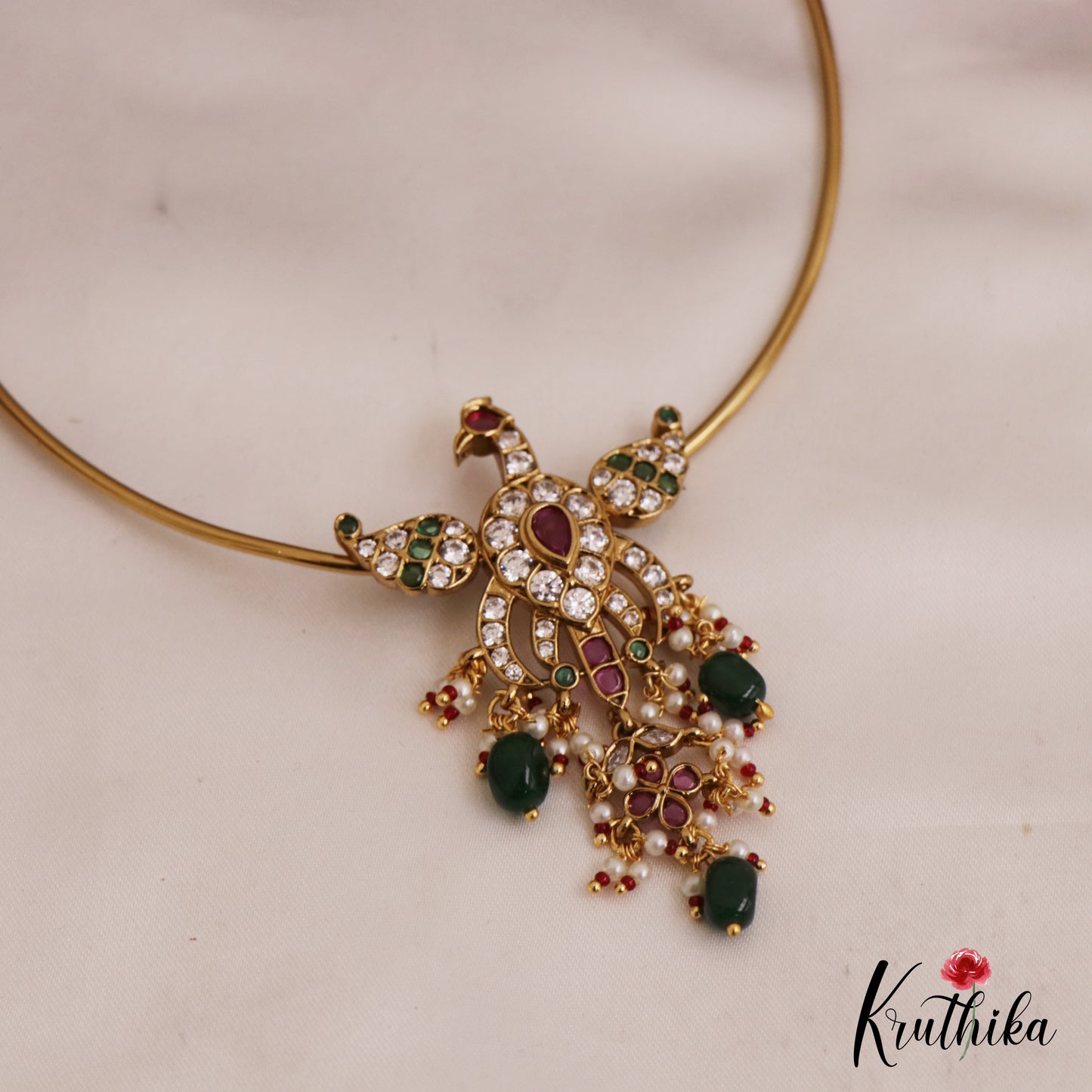 Trendy AD Peacock Motifs Jadau Hasli Necklace With Bead Drops NC2751 (Available in 3 Colors)