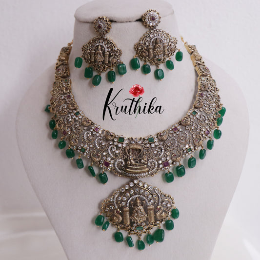 Grand Bridal AD Temple Lakshmi Pendant Necklace with Beads Drops NC2339 (Available in 4 colours)