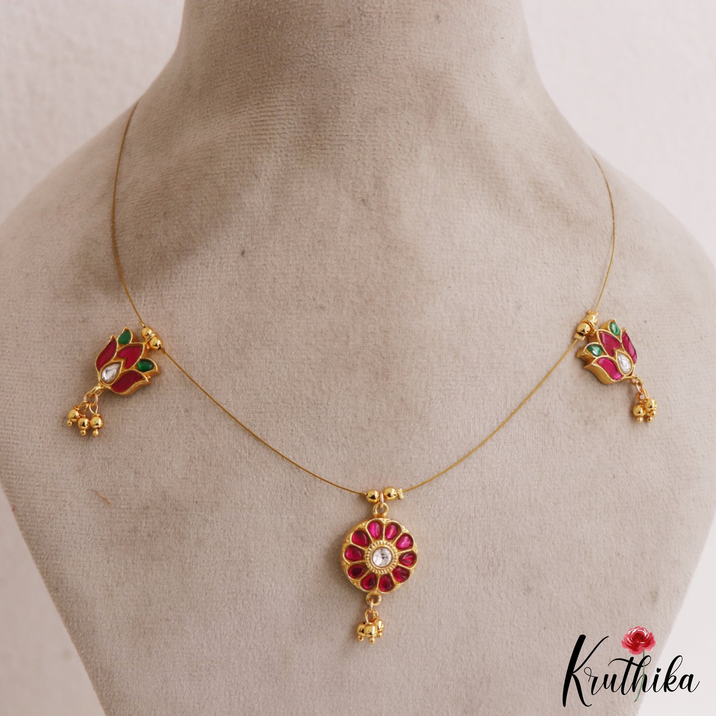 Trendy Floral Motifs Jadau Invisible Chain With Pink Bead Drops NC2996