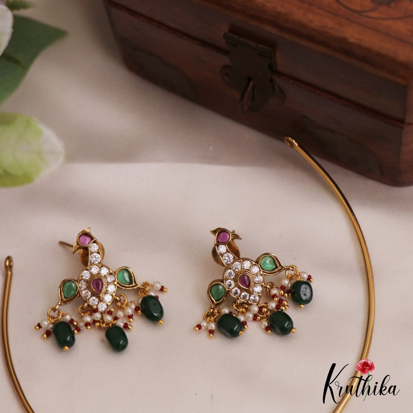 Trendy AD Peacock Motifs Jadau Hasli Necklace With Bead Drops NC2751 (Available in 3 Colors)