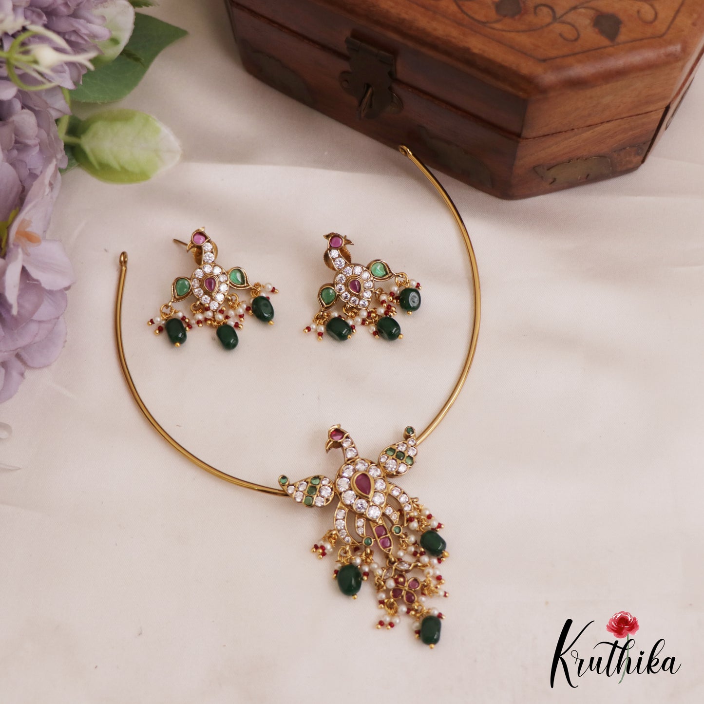 Trendy AD Peacock Motifs Jadau Hasli Necklace With Bead Drops NC2751 (Available in 3 Colors)