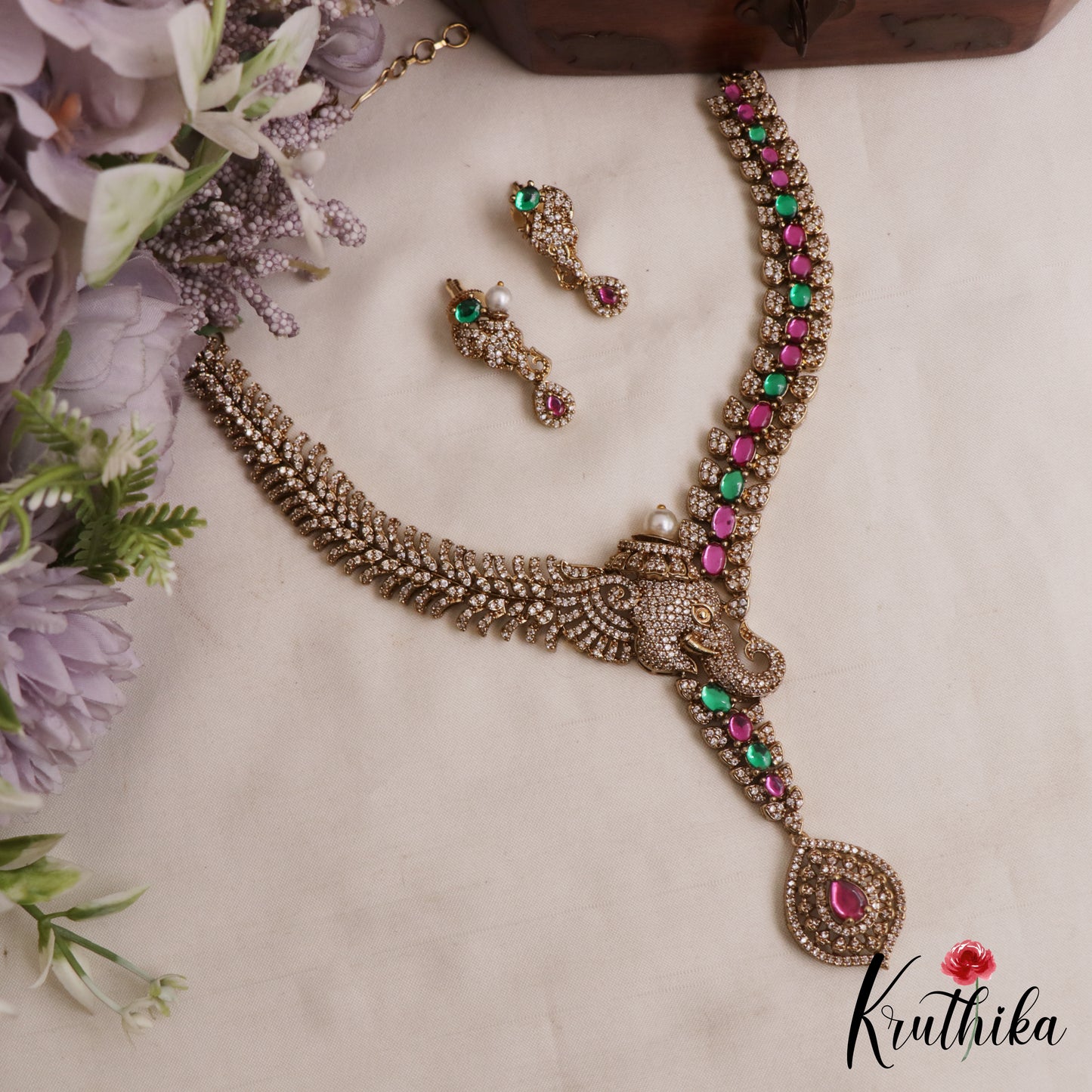 Sparkling Elephant Motifs CZ Victorian Necklace NC3052 (Available In 2 Colors)