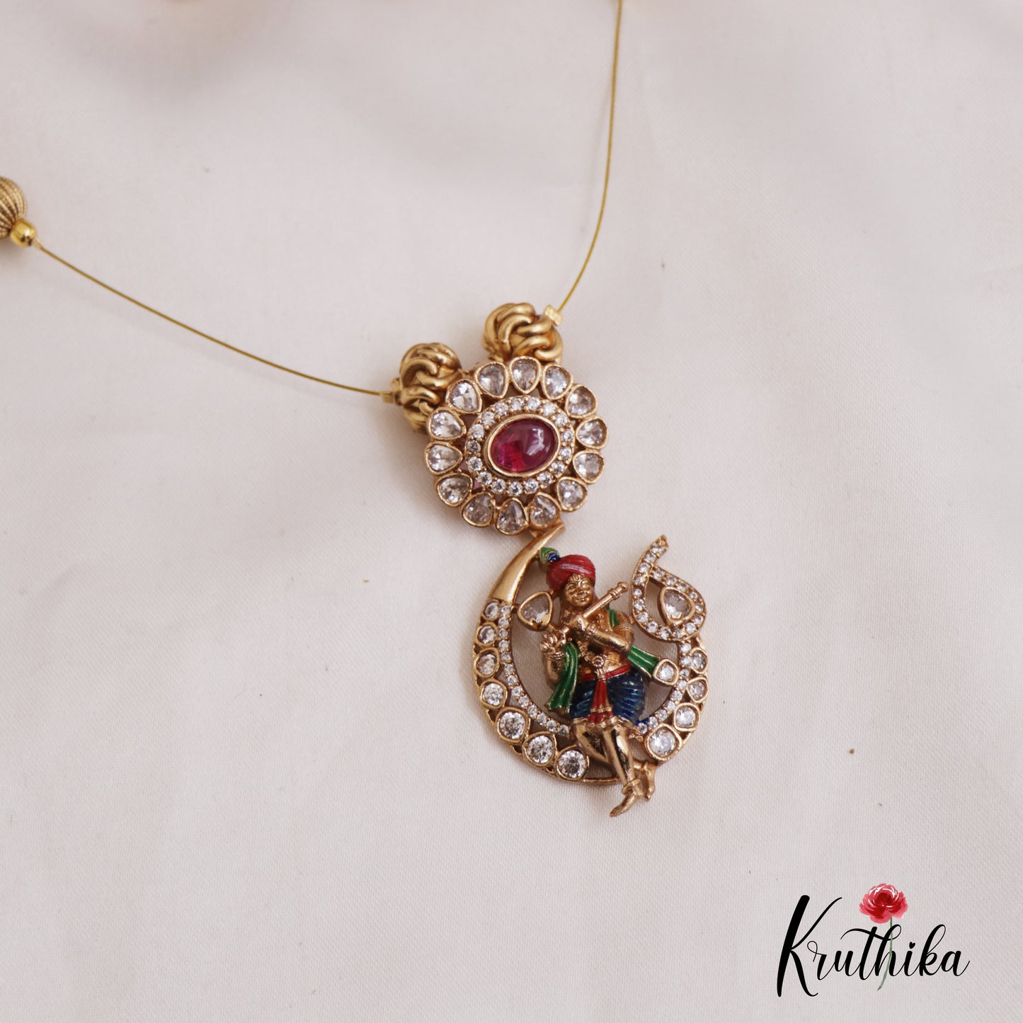 Beautiful Hand Painted Lord Krishna Motifs Invisible Chain Pendant NC2674
