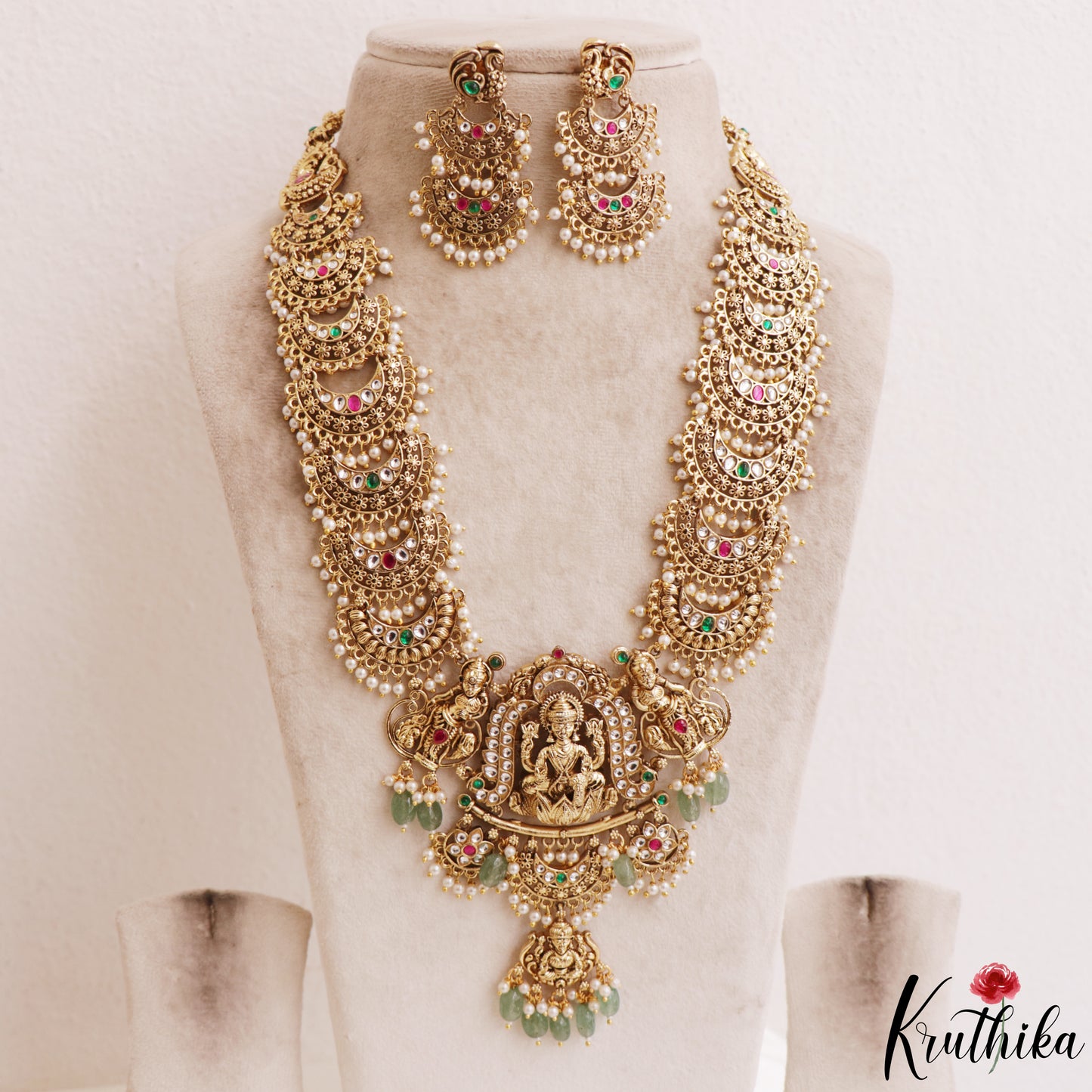 Gorgeous Antique Nagas Lakshmi Motifs Temple Haaram With Green Bead Drops LH2212