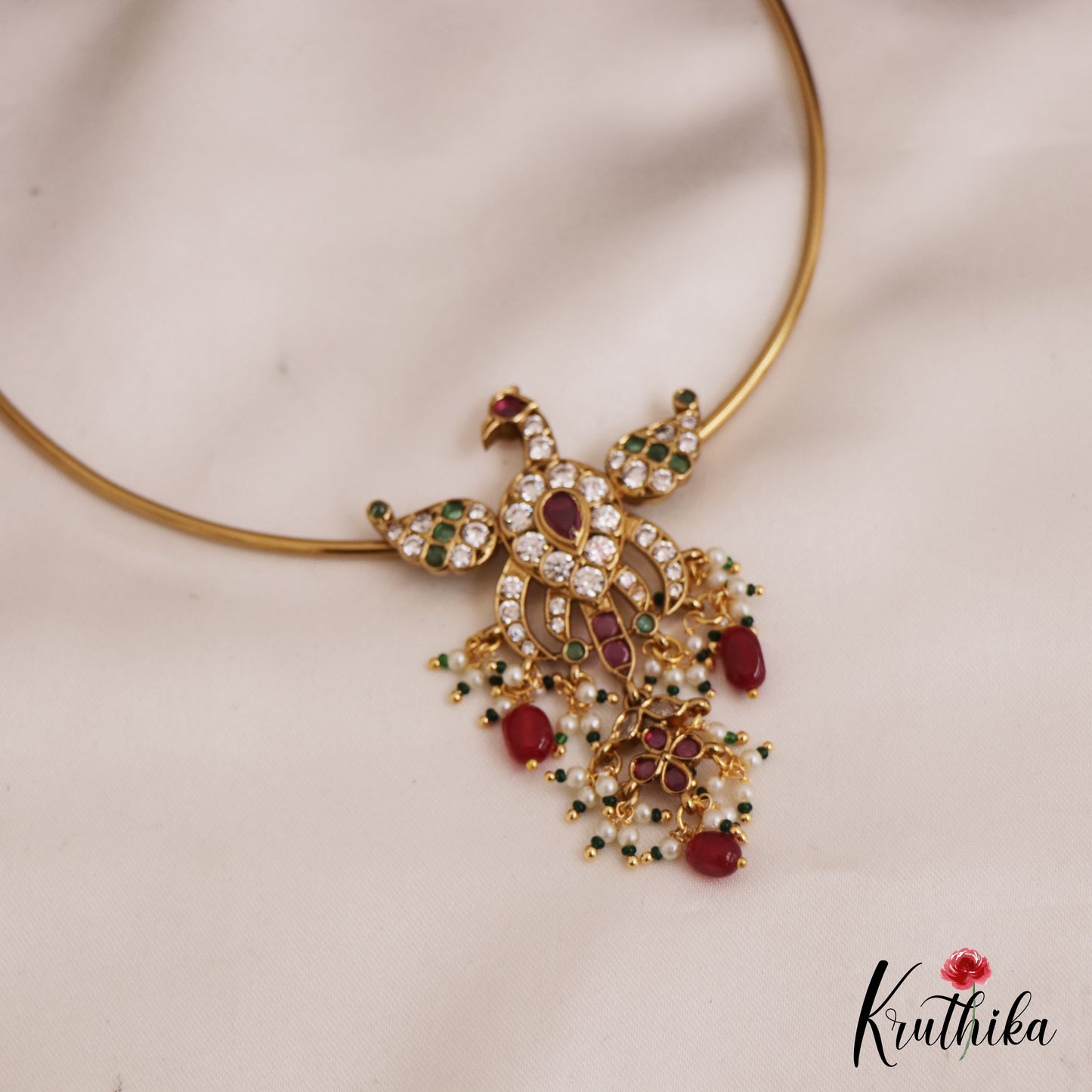 Trendy AD Peacock Motifs Jadau Hasli Necklace With Bead Drops NC2751 (Available in 3 Colors)