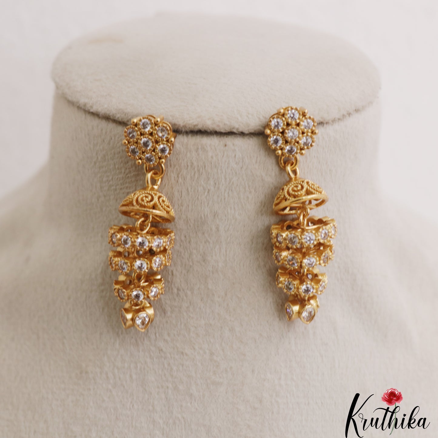 Pretty Antique Floral Motifs CZ Jhumkas E1183