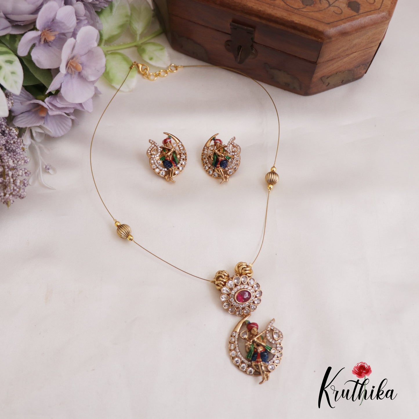 Beautiful Hand Painted Lord Krishna Motifs Invisible Chain Pendant NC2674