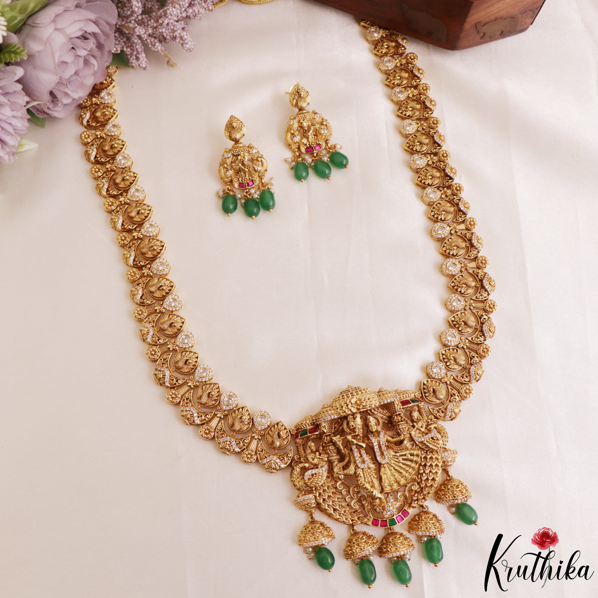 Premium Antique Radha Krishna Motifs Choker With Bead Drops LH2176 (Available In 2 Colors)