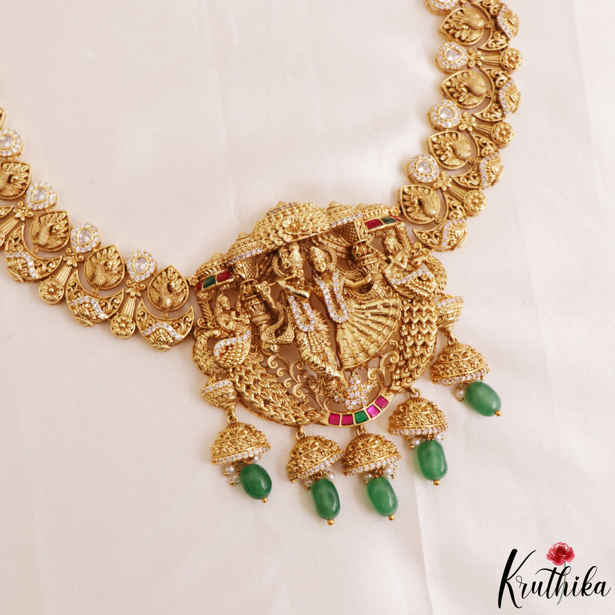 Premium Antique Radha Krishna Motifs Choker With Bead Drops LH2176 (Available In 2 Colors)