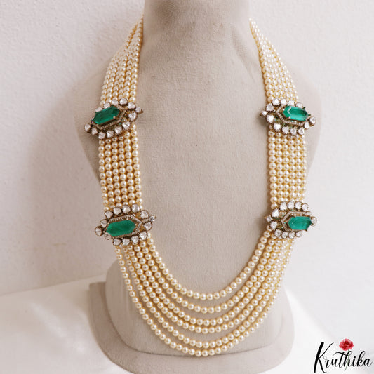 Stunning Multi Layered Pearl Haaram With Polki CZ Victorian Geometric Accents LH2191