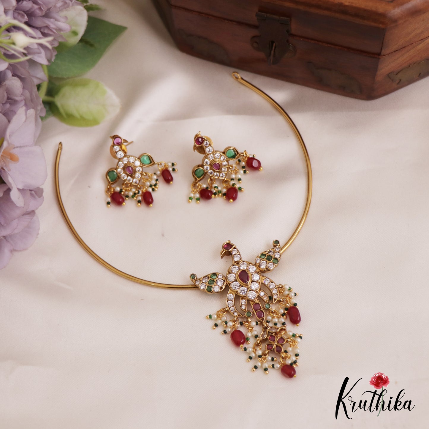 Trendy AD Peacock Motifs Jadau Hasli Necklace With Bead Drops NC2751 (Available in 3 Colors)