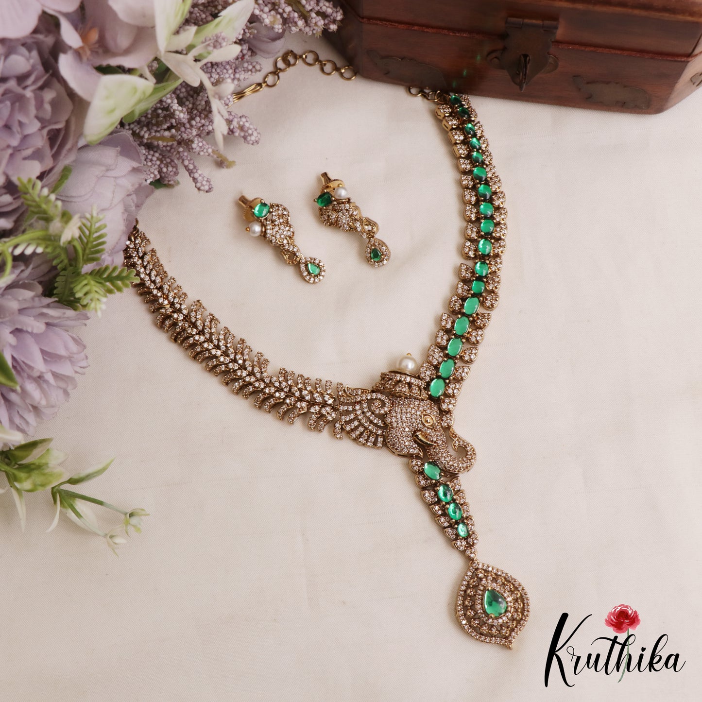 Sparkling Elephant Motifs CZ Victorian Necklace NC3052 (Available In 2 Colors)